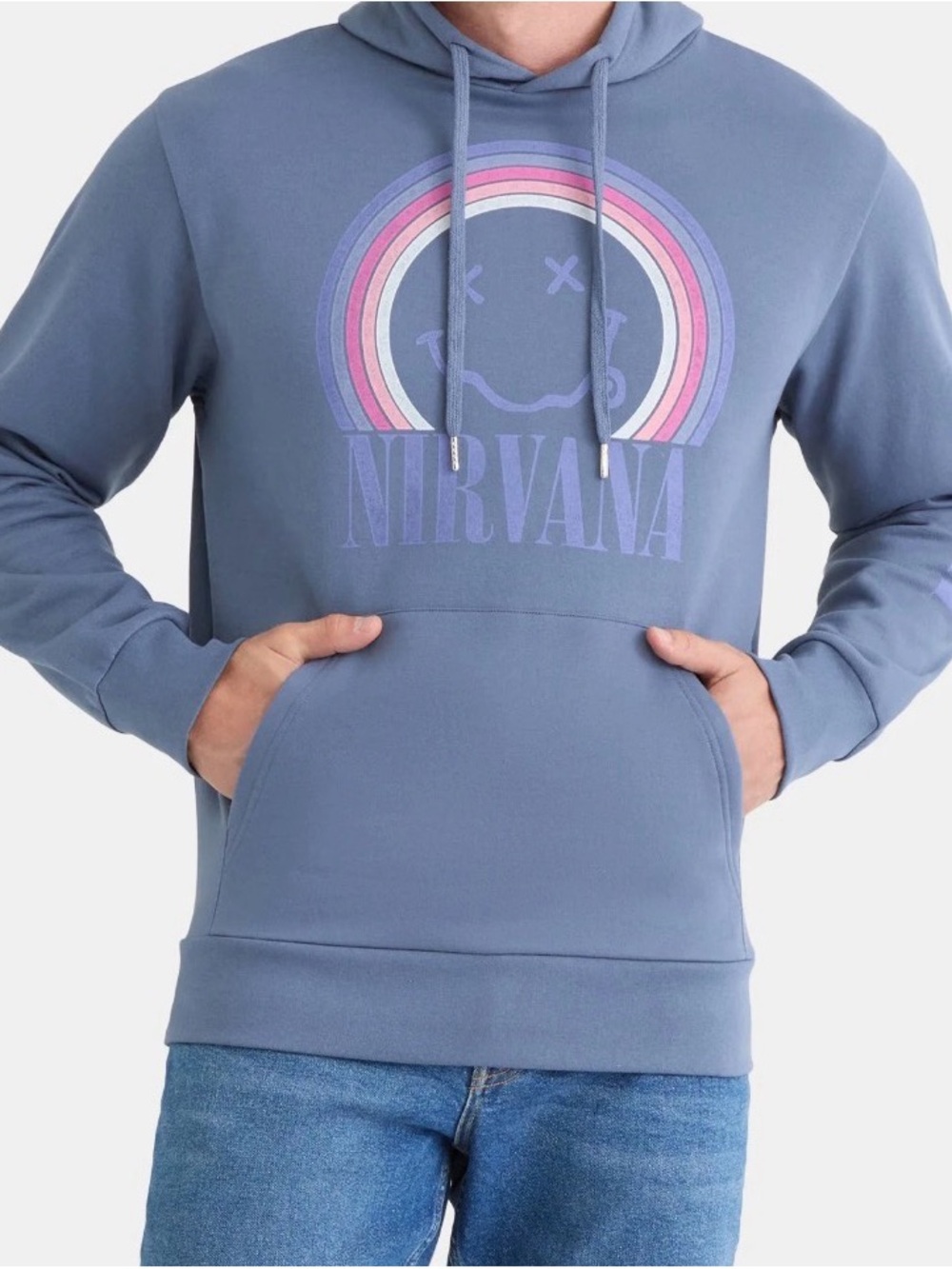 NIRVANA Dusty Blue Graphic Hoodie with Pink & White Rainbow